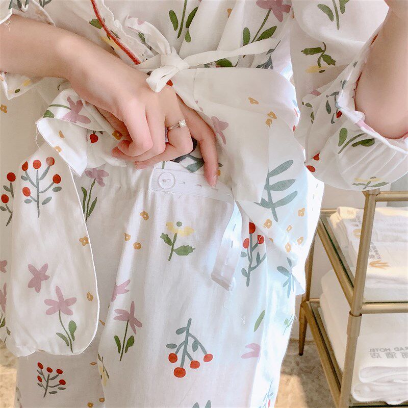 和服纱布月子服夏装薄款长袖孕妇睡衣吸汗透气产妇家居服哺乳衣