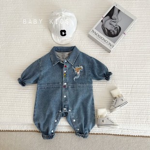 洋氣破洞口袋全開扣連體衣嬰幼兒工裝 男女寶寶春裝 牛仔連身衣爬服