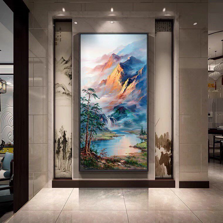 纯手绘油画新中欧美式山水风景玄关挂画日照金山聚宝盆客厅装饰画