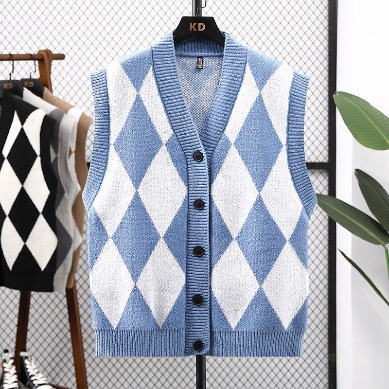 秋冬季男士开衫毛衣马甲外套宽松外穿无袖针织衫菱形格子毛线背心