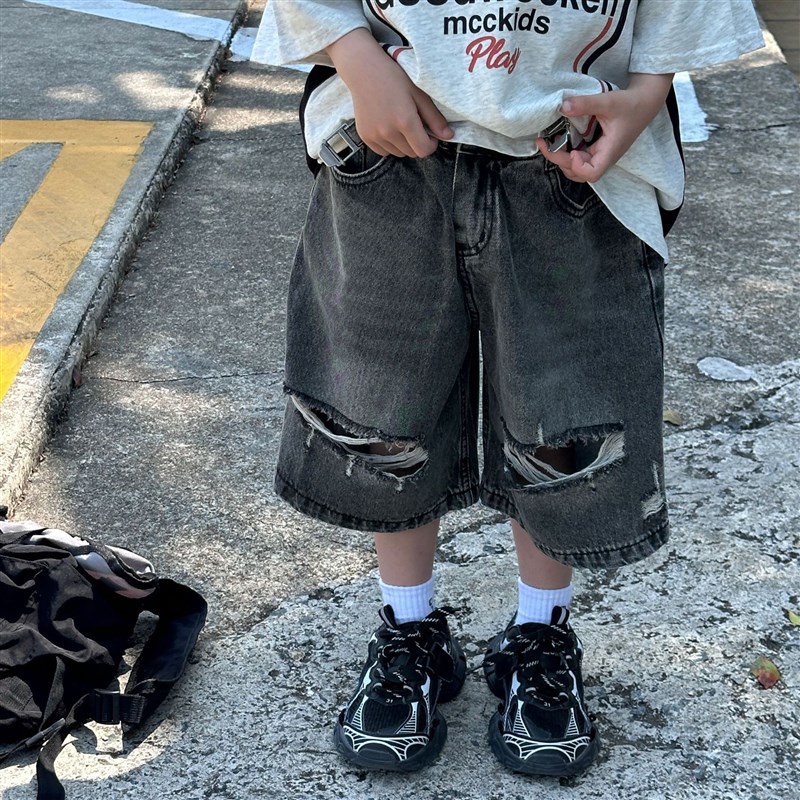 小杰家夏季新款韩版男童破洞休闲时尚百搭牛仔短裤儿童裤潮