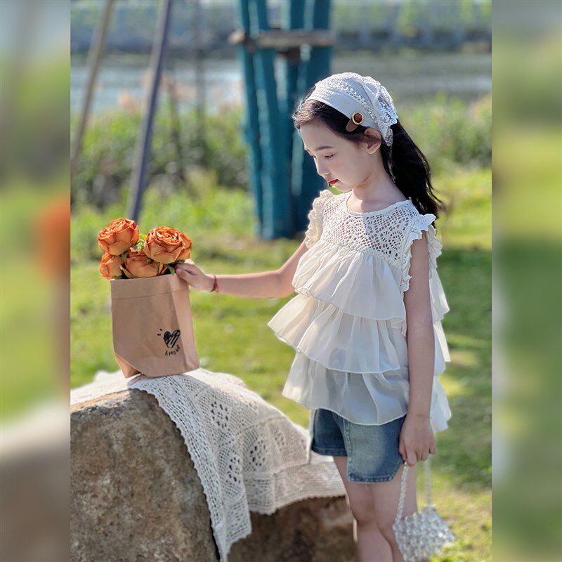 女童衬衫2024夏季新款儿童薄款蛋糕无袖上衣宝宝洋气休闲衬衣夏装