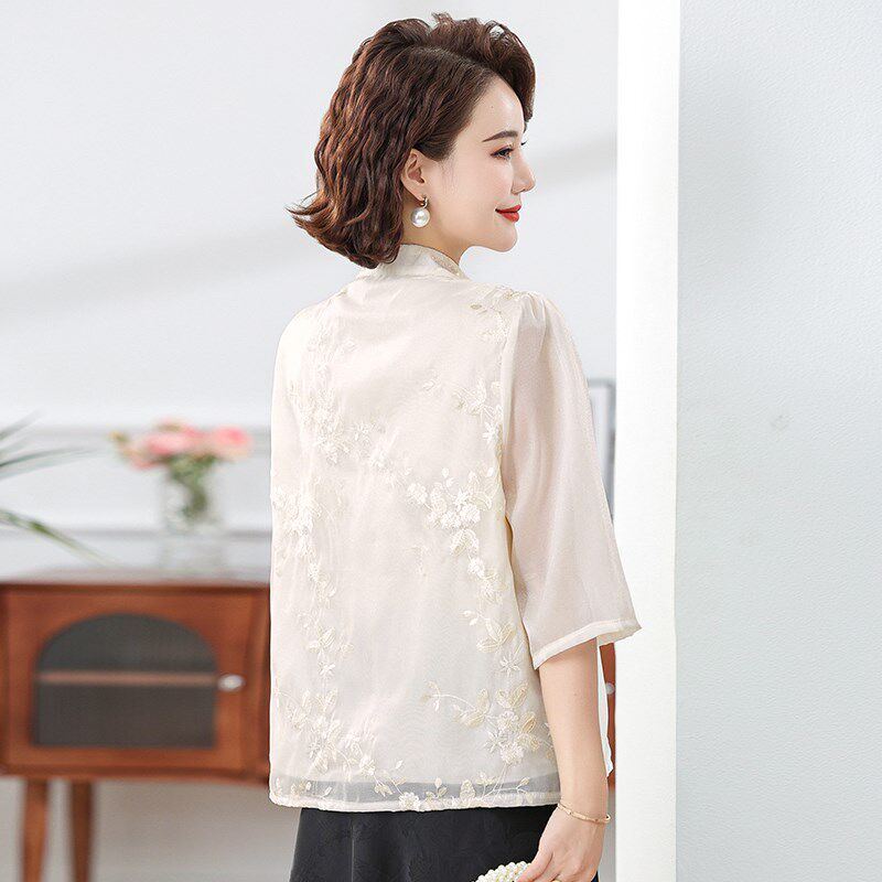 妈妈春装七分袖小衫国风套装2024新款中老年女春夏季中式开衫上衣