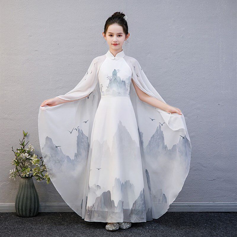 2024新款汉服女童古筝演出服装儿童合唱中国风演奏朗诵比赛表演礼