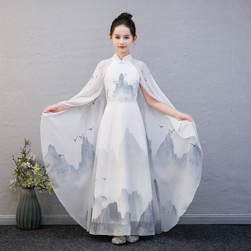 2024新款汉服女童古筝演出服装儿童合唱中国风演奏朗诵比赛表演礼
