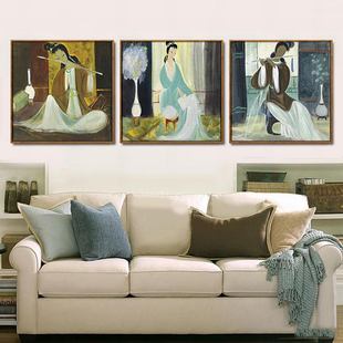 林风眠中式水墨仕女图装饰画酒店茶室餐馆客厅沙发背景墙晶瓷挂画