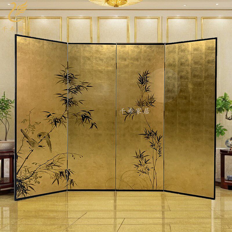 中古风手绘漆画竹子金箔屏风侘寂风茶室客厅沙发办公室背景折叠屏