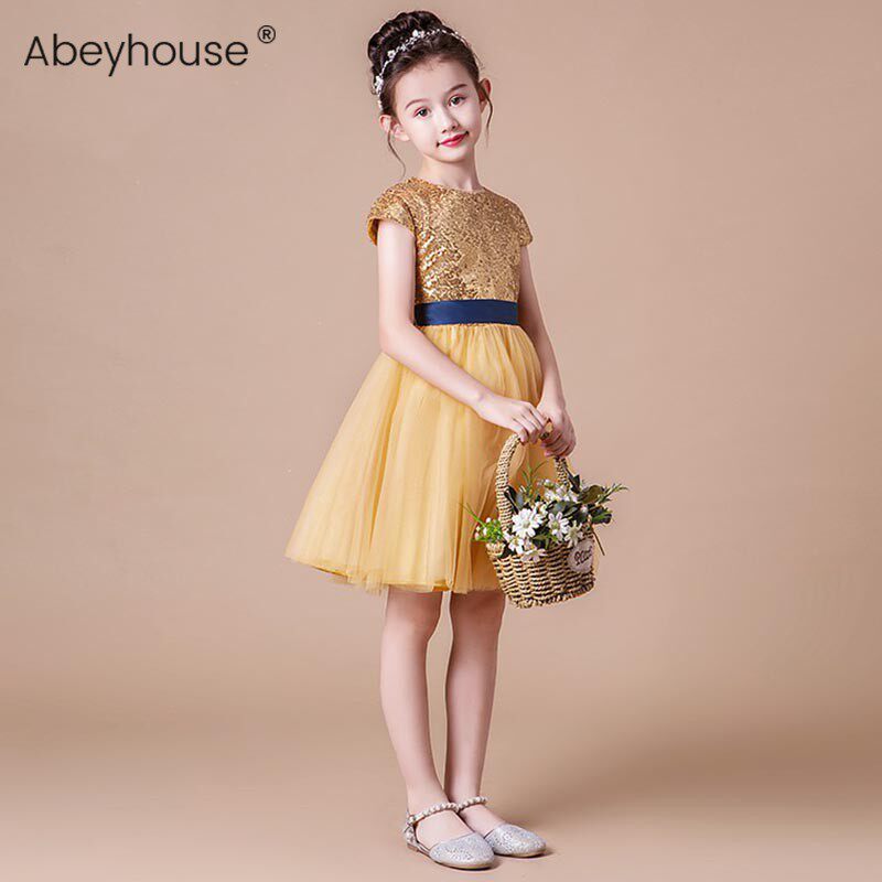 女童钢琴短款演出服金色蓬蓬纱小女孩儿童公主裙模特走秀晚礼服裙