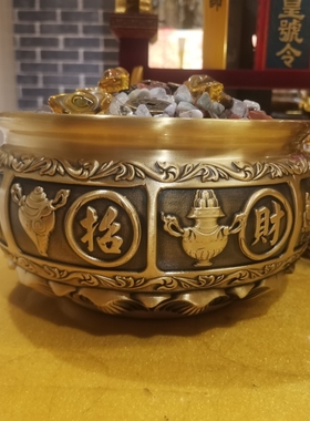 纯黄铜精品招财进宝聚宝盆七彩宝石五帝钱黄水晶元宝店铺公司摆件