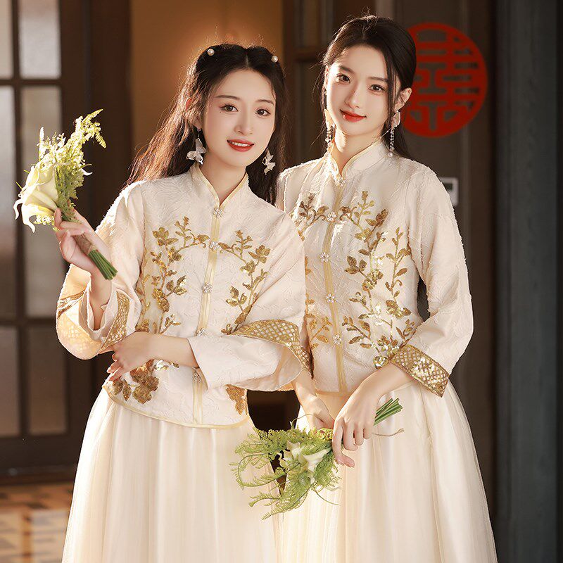 中式伴娘服女2024秋冬季新款秀禾礼服长袖旗袍姐妹团伴娘裙小个子