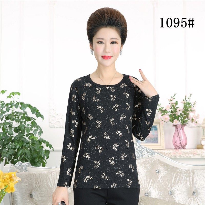女士秋衣长袖中老年女妈妈装全棉半高领T恤中年人简约打底衫上衣