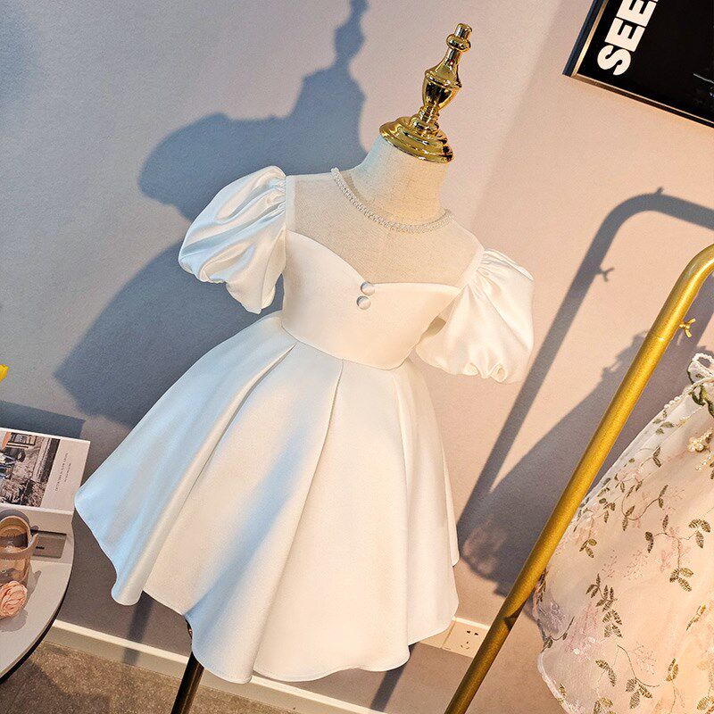 花童婚礼生日宴小学生礼服女童白色缎面公主裙儿童主持演奏演出服