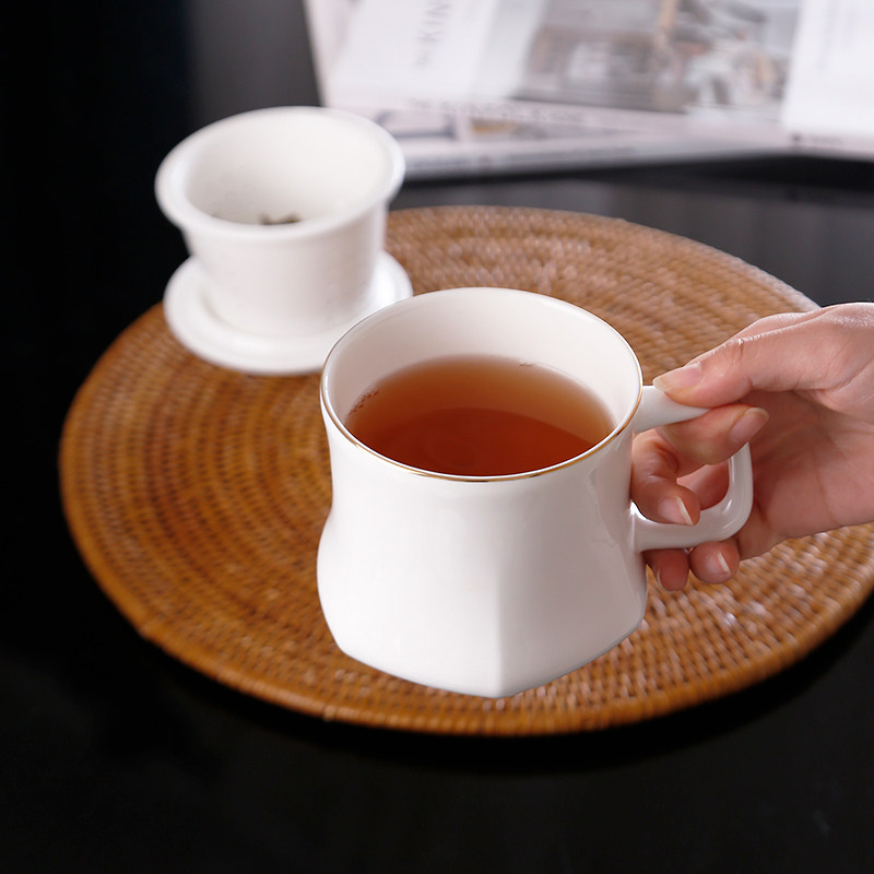 骨瓷带茶漏杯陶瓷会议杯茶水分离茶杯定制LOGO金边办公室开会杯子
