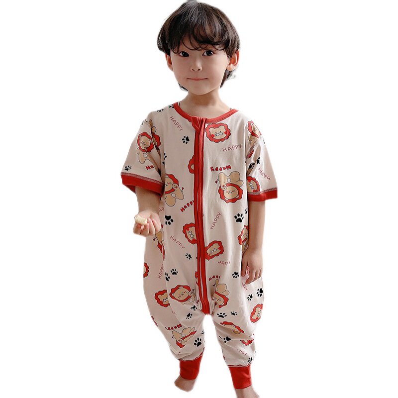 宝宝短袖睡袋纯棉夏季儿童防踢被连体睡衣薄款无痕分腿男童女童