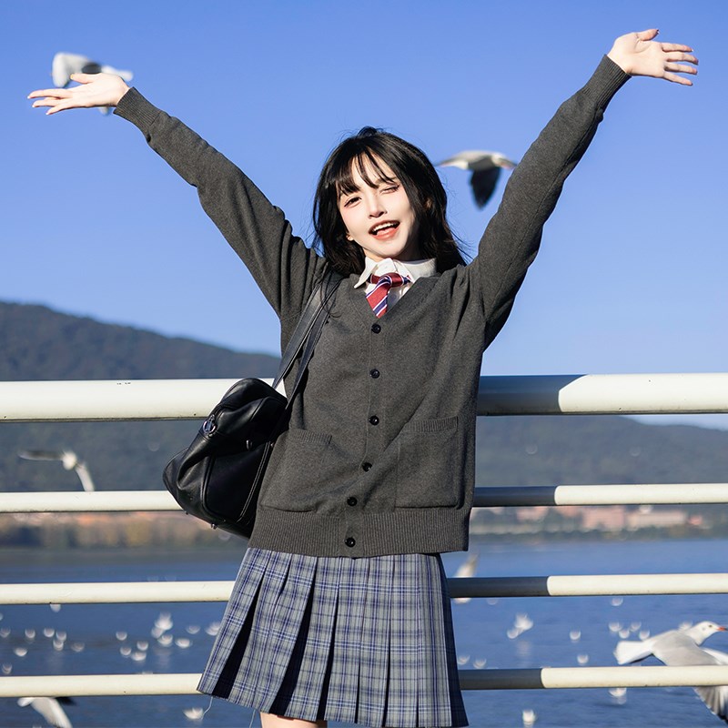 JK开衫毛衣针织外套秋冬加厚深灰色老头开衫jk制服套装校供长袖