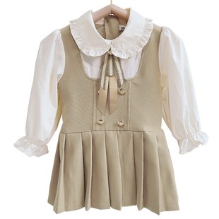 春秋季女童连衣裙2024新款儿童洋气时髦学院风JK假两件女孩百褶裙