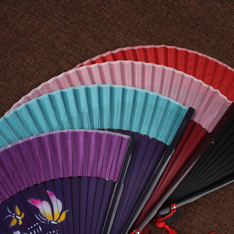 中国风日式精美女士喷绘折扇工艺真丝扇子夏季绢扇舞蹈演出折叠扇