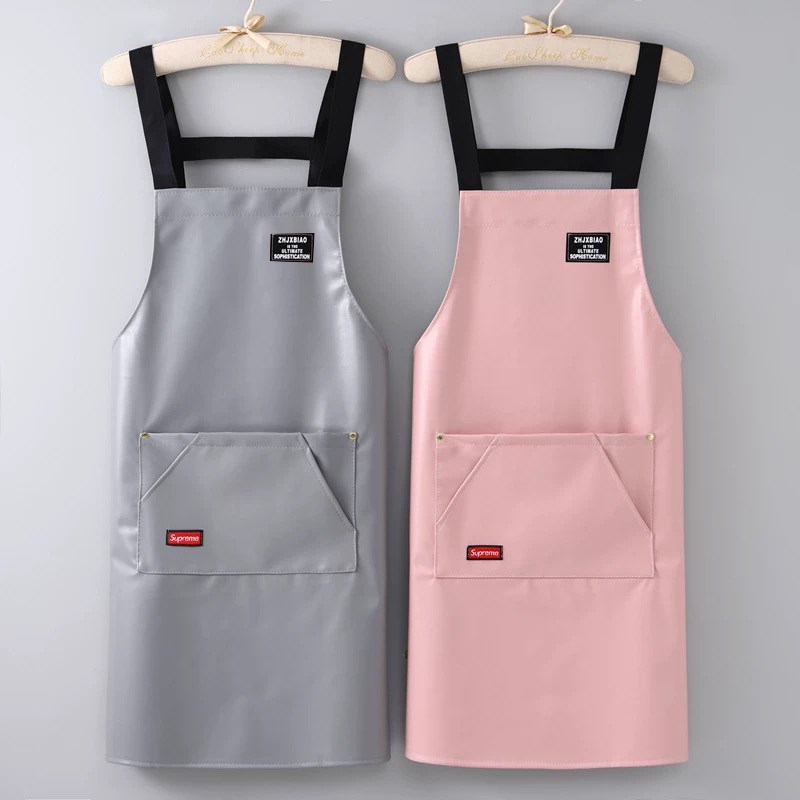 简约PU软皮防水防油围裙厨房做饭餐饮专用饭店免洗背带工作服男女