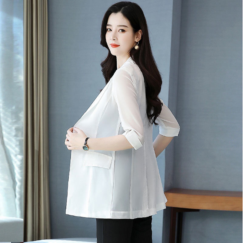 中长款雪纺小西装外套中袖女2021夏修身七分袖西服薄款大码垂感