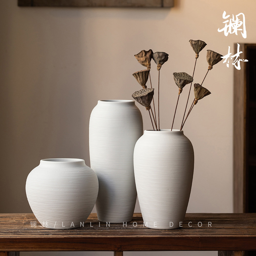 景德镇侘寂复古陶瓷花瓶新中式客厅插干花白色简约装饰粗陶罐白苏