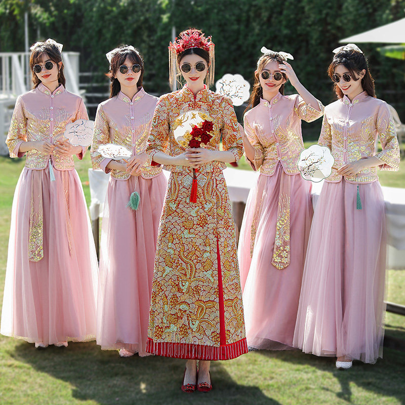 中式伴娘服香槟色新娘结婚礼服国风秀禾旗袍2021新款姐妹团伴娘裙