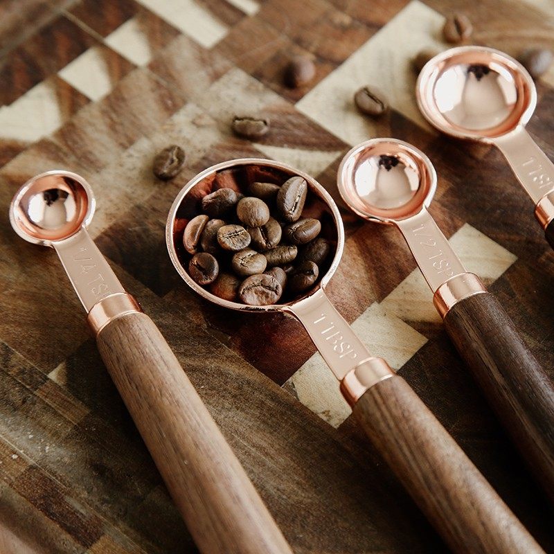 出口欧美不锈钢咖啡量勺木柄烘培量匙套装奶粉辅食勺刻度量杯家用