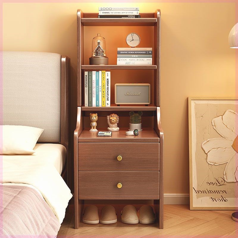 实木床头柜带书架置物架一体简约家用多层储物柜小户型床边收纳架