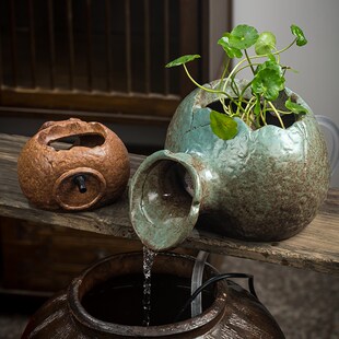 流水摆件古法养鱼水缸上开口陶罐喷泉循环增氧过滤出水口造景饰品