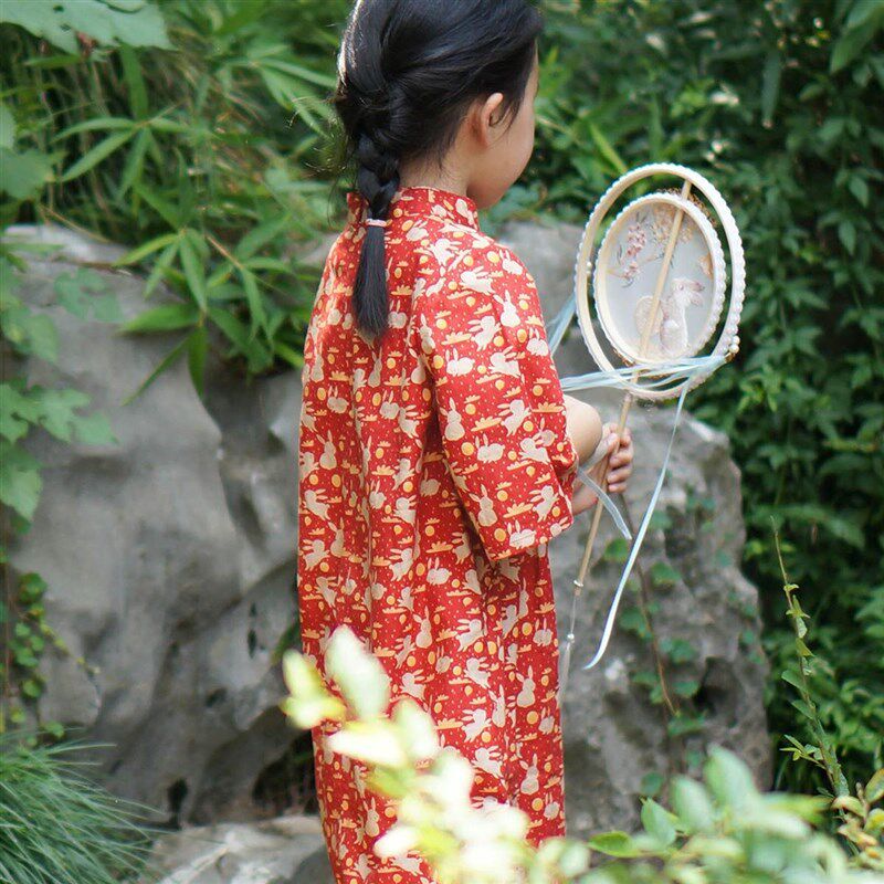 毛小姐 女童中袖旗袍小礼服连衣裙 红色玉兔 新中式改良国风纯棉