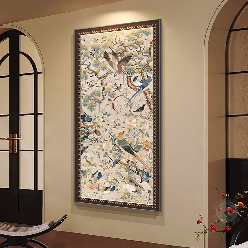 百鸟图中古风入户门玄关装饰画法式复古南洋风走廊过道尽头墙挂画