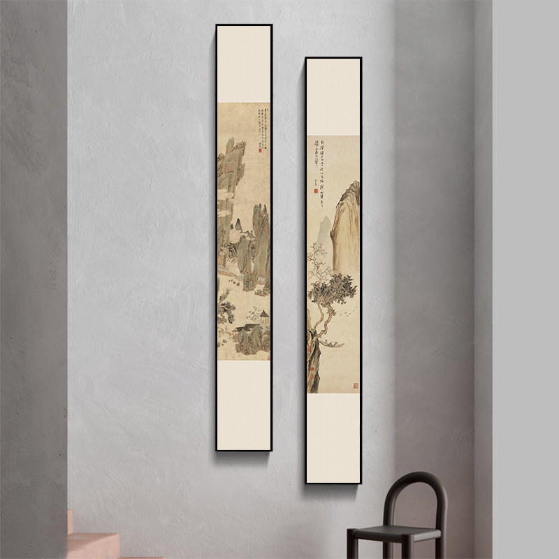 新中式装饰画玄关走廊过道楼梯茶室背景墙壁画竖幅细长条挂画禅意