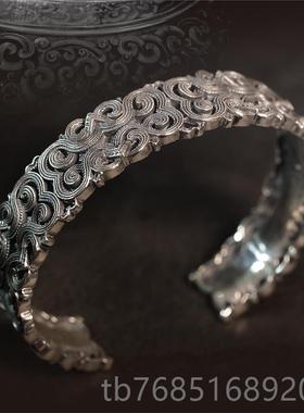 高档蒙客银手纯镯镂窄空古民复族风吉祥云纹满雕银镯子版银手环情
