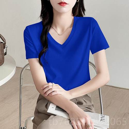 高档V领工作服女T印字纯修身恤短袖定log棉o文化衫美容院白色服务