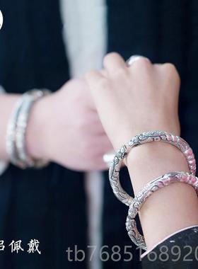 高档红银老九同款手镯男女99纯手银个性工实心男士复古二门响镯环