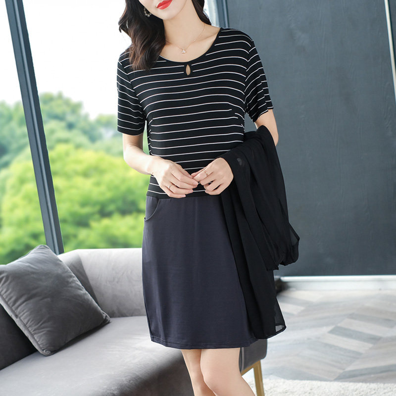 条纹套装连衣裙女2021夏季新款流行大码微胖mm显瘦马甲两件套裙子