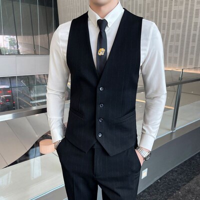 西服马甲男士版修身商务职业面试正装条纹西装马甲新郎结婚礼服