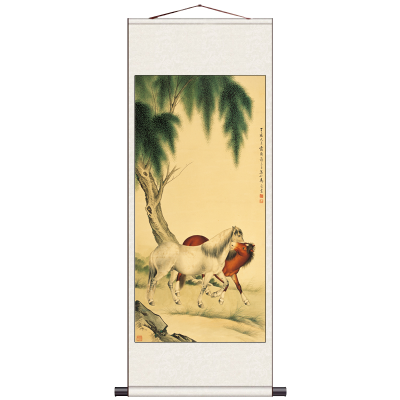 花鸟画卷轴画马到成功八骏图酒店挂画丝绸卷轴画名家字画客户礼品