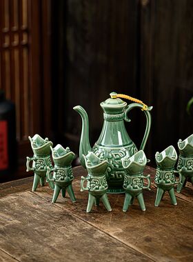 爵杯陶瓷白酒杯高脚杯古代酒盅酒具套装仿古酒壶分酒器小酒杯酒樽