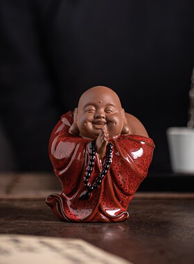 新中式招财弥勒佛紫砂茶宠摆件精品可养禅意笑佛家居客厅桌面装饰