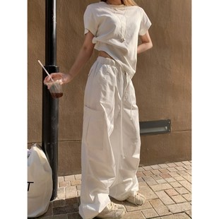 夏季 新款 清爽水洗全棉透气白色休闲工装 裤 子 留下 降落伞裤 1992