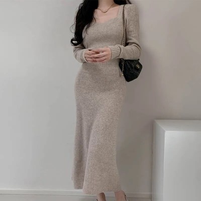 针织毛衣连衣裙女秋冬穿搭内搭打底配大衣紧身修身包臀长裙小个子