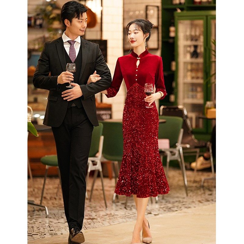 旗袍晚礼服裙女秋冬季高级感回门改良中式订婚红色结婚敬酒服新娘