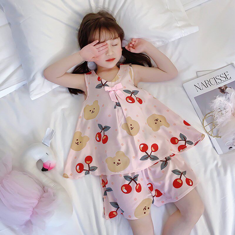 女童睡衣夏季薄款绵绸棉绸无袖小孩中大儿童粉樱桃空调家居服套装
