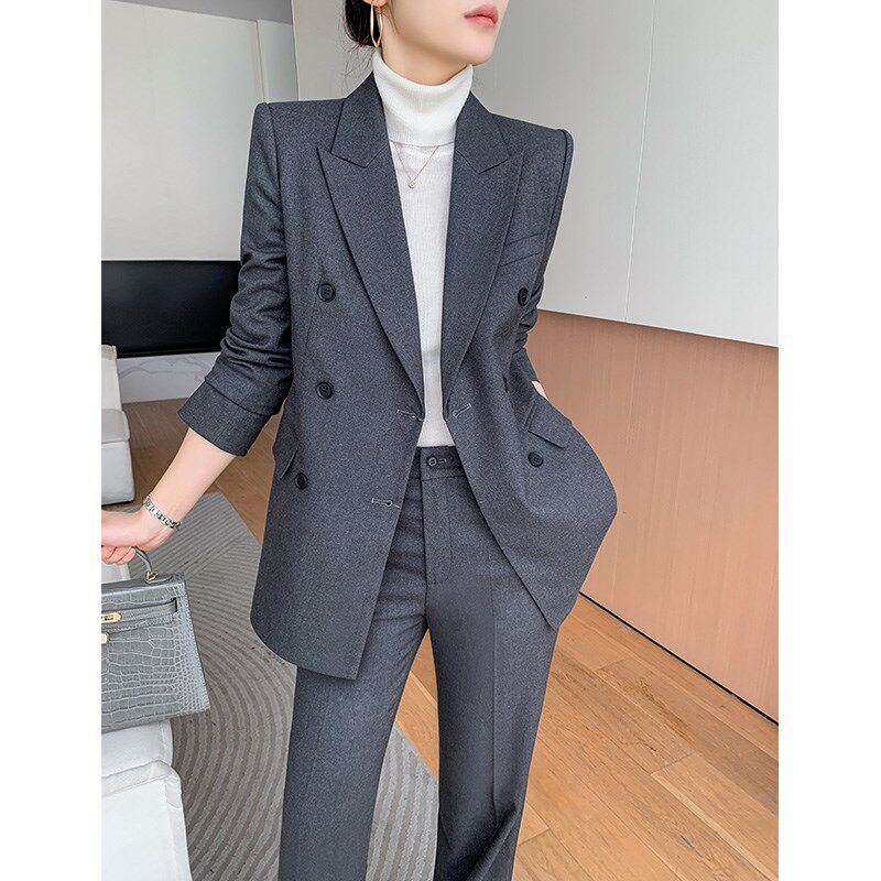 灰色西装套装女高级感春秋气质女神范职业正装阔腿裤休闲西服外套