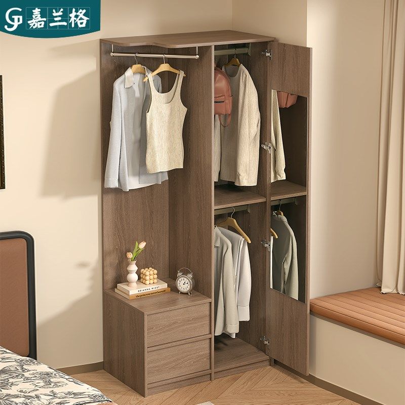 中古风衣柜家用卧室床头柜挂衣架一体床头侧边转角衣橱衣帽柜9A72