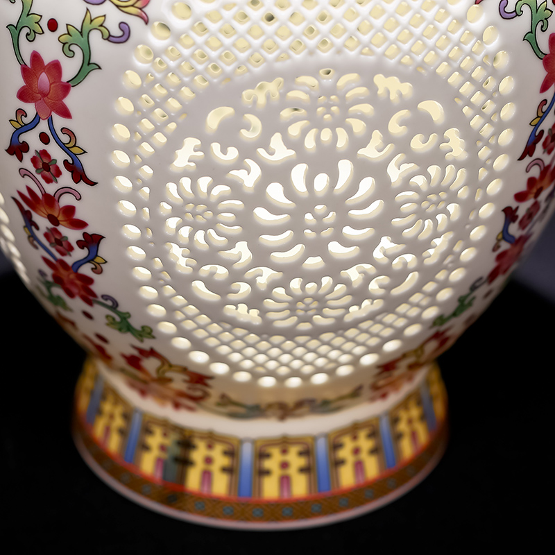 景德镇陶瓷器双层镂空粉彩插花花瓶仿古中欧式家居装饰工艺品摆件