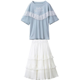 女童夏季纯棉连衣裙半身薄款蛋糕雪纺大童女孩两件套装过膝长裙子