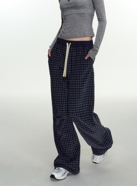 NS76撞色蓝色格子直筒裤女宽松垂感百搭时尚休闲裤女秋冬新款长裤