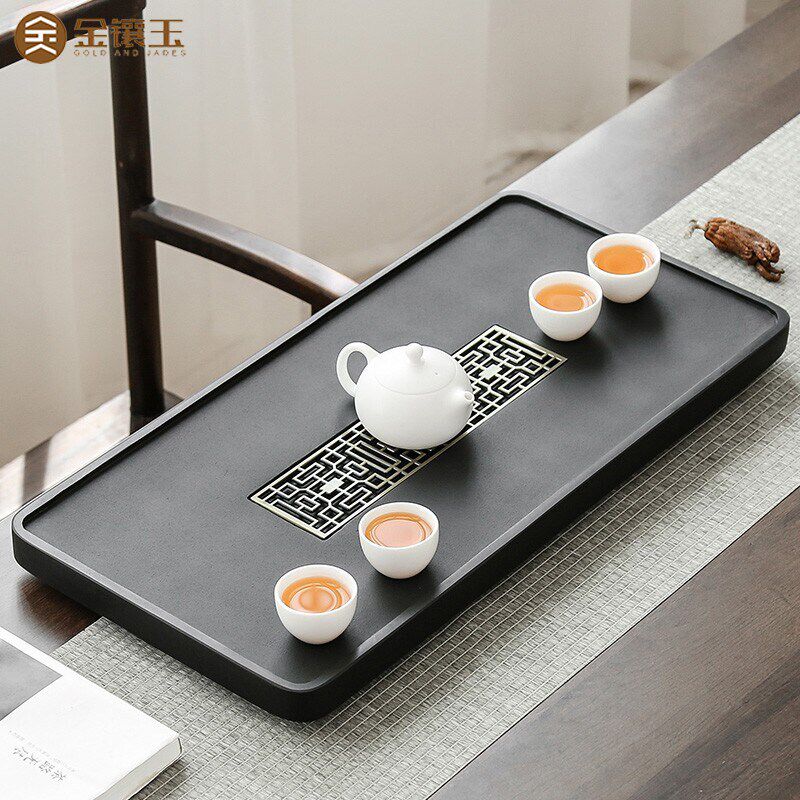 金镶玉乌金石茶盘家用简约功夫茶具排水石头茶台茶托盘茶海套装