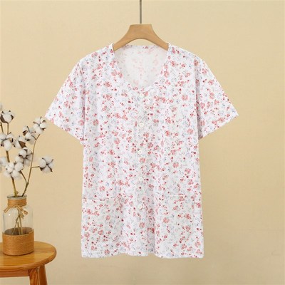 中老年女纯棉睡衣短袖妈妈夏季薄款大码宽松汗衫老人全棉单件上衣